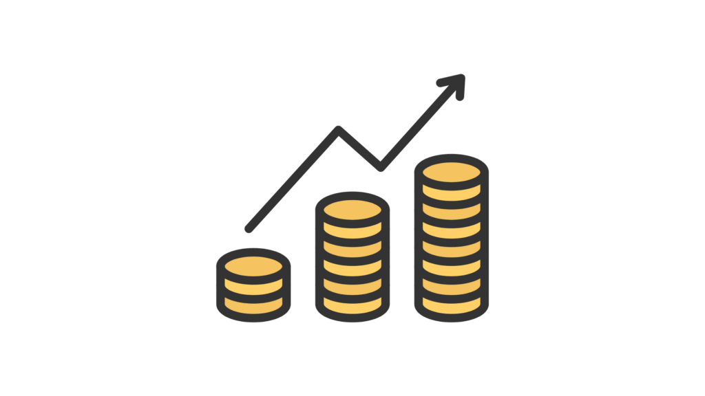 右肩上がりのグラフとコインのイラスト(積立投資のイメージ)