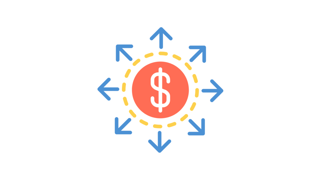 お金のマークが矢印で分散するイラスト(分散投資のイメージ)