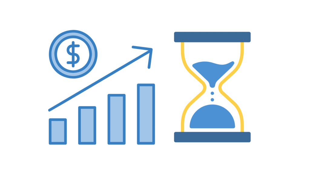 右肩上がりのグラフと砂時計のイラスト(長期投資のイメージ)